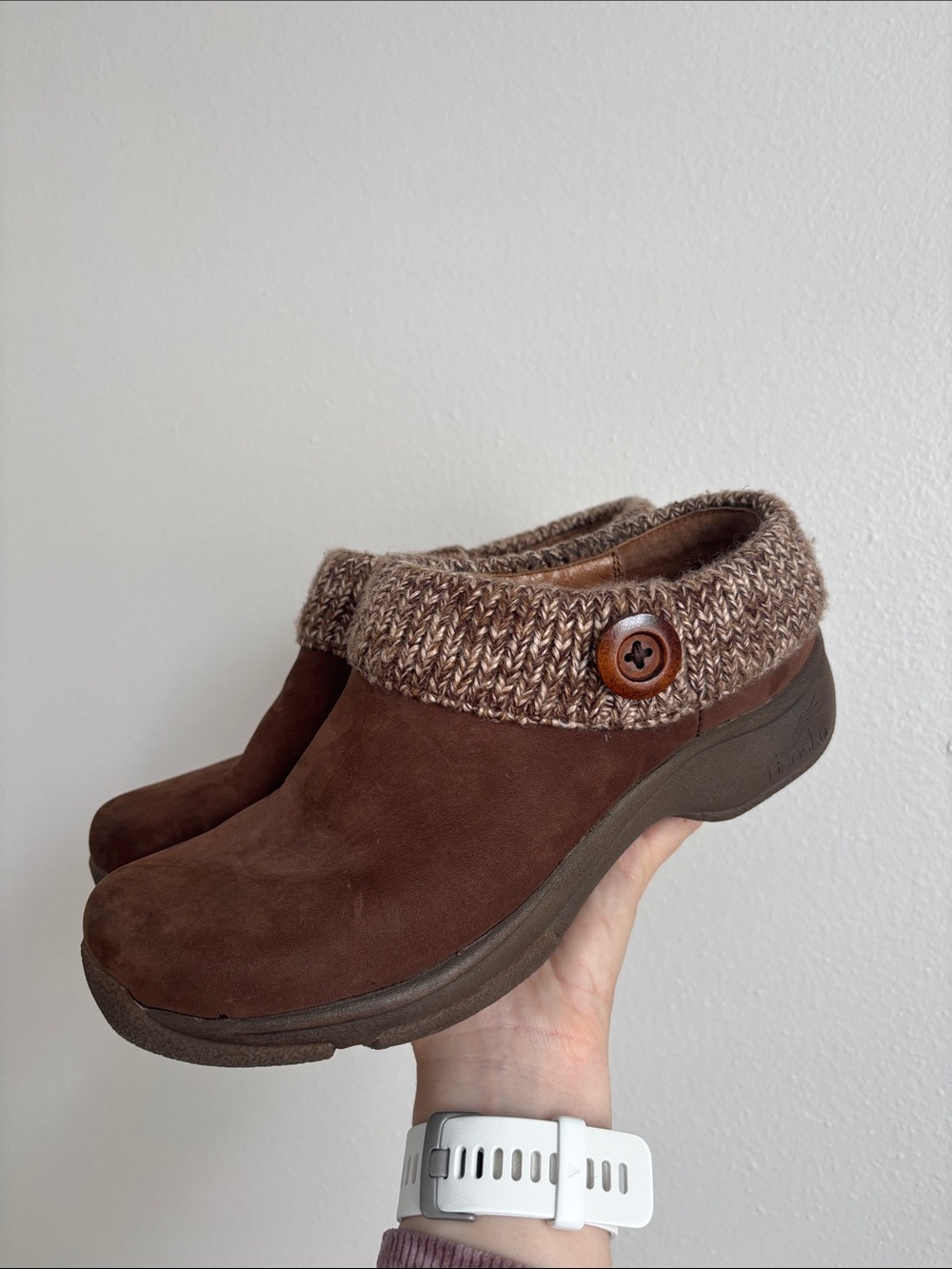 Dansko Kenzie clogs brown leather cozy sweater-knit collar decorative button EUC - Picture 5 of 8